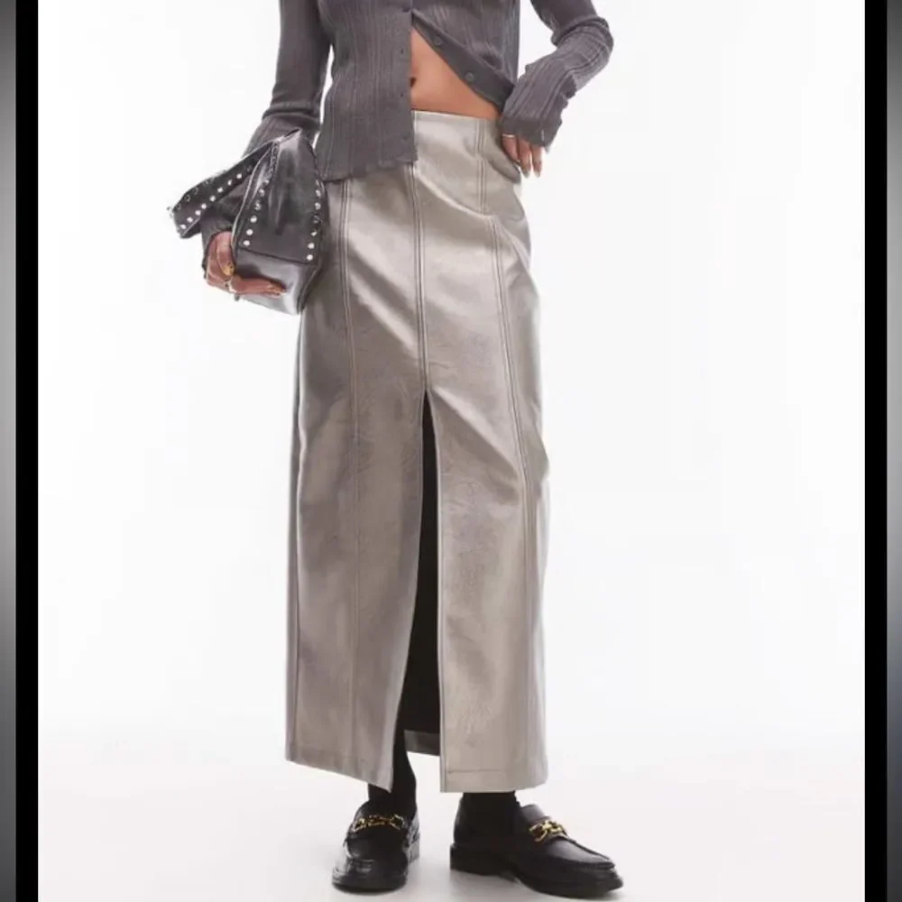 Topshop Silver/Metallic Front High Slit Faux Leather Skirt Size 0